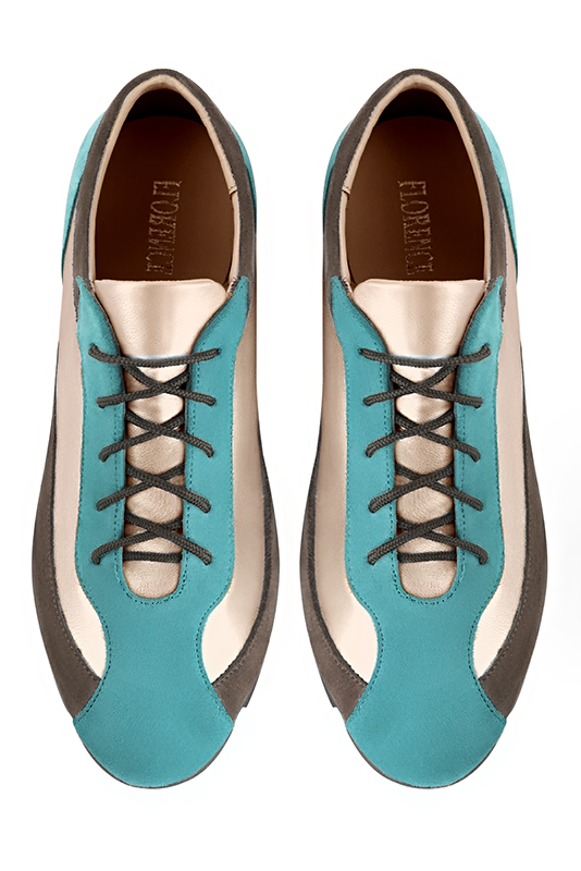 Aquamarine blue, gold and chocolate brown women's three-tone elegant sneakers. Round toe. Flat rubber soles. Top view - Florence KOOIJMAN